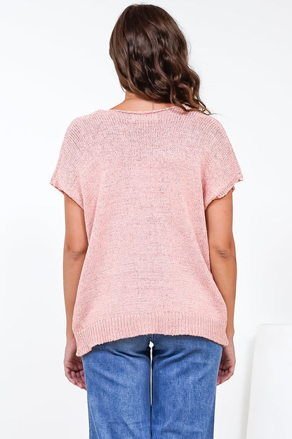 Millicent Knit Top - Relaxed V-Neck Top with Ribbed Hemline in Blush