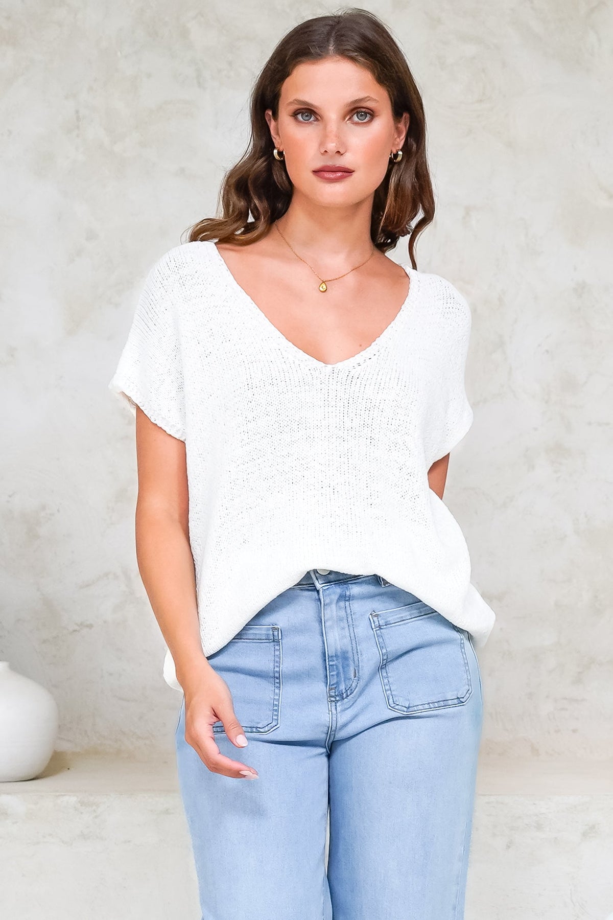 Millicent Knit Top - Relaxed V-Neck Top with Ribbed Hemline in White