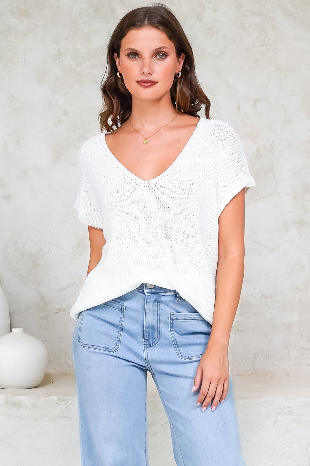 Millicent Knit Top - Relaxed V-Neck Top with Ribbed Hemline in White