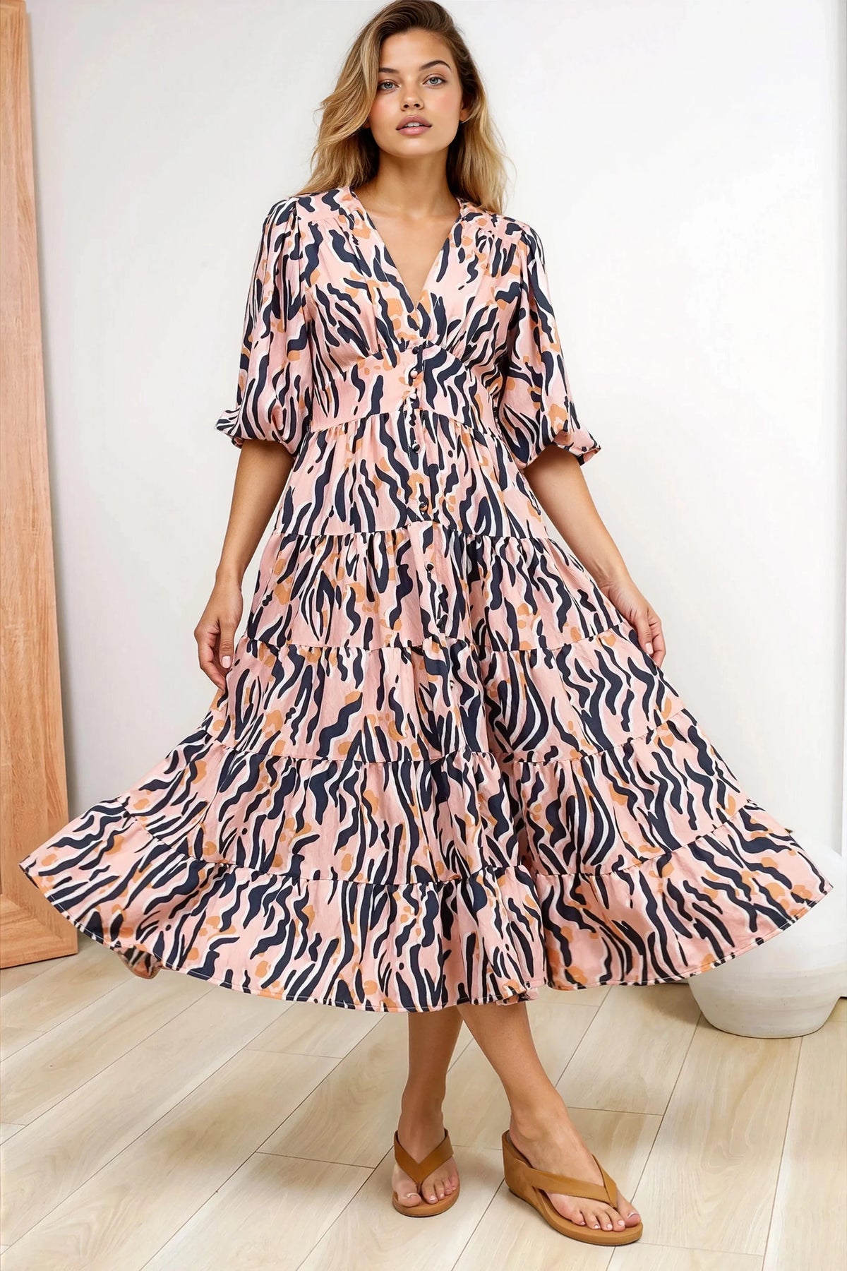 Milly Midi Dress - Tiered Button Down 3/4 Sleeve Dress in Zimmi Print
