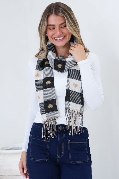 Minka Scarf - Soft Cozy Wrap Scarf with Heart and Check Print in Black