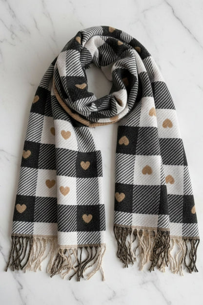 Minka Scarf - Soft Cozy Wrap Scarf with Heart and Check Print in Black