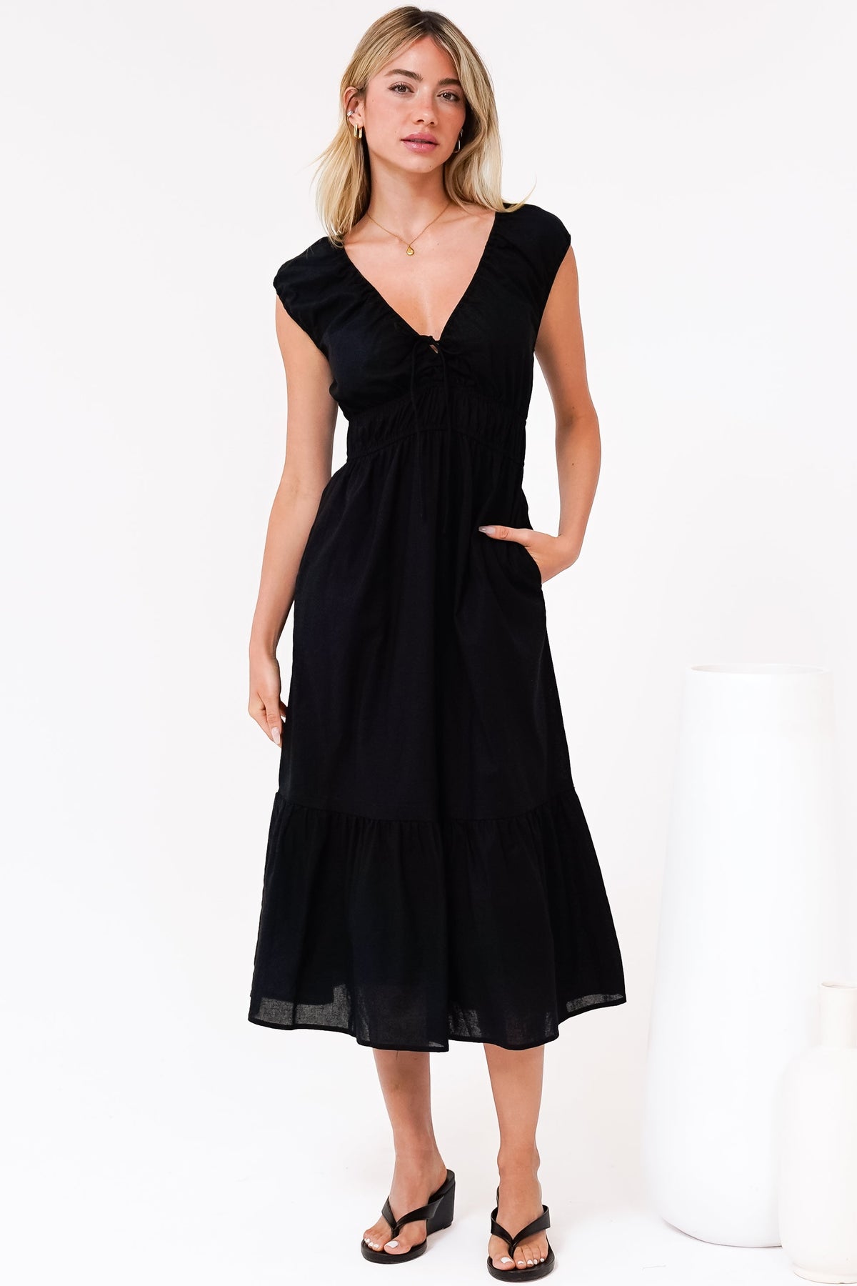 Miramar Midi Dress - V-Neck Gathered Bust Cap Sleeve Dress with Pockets in Black