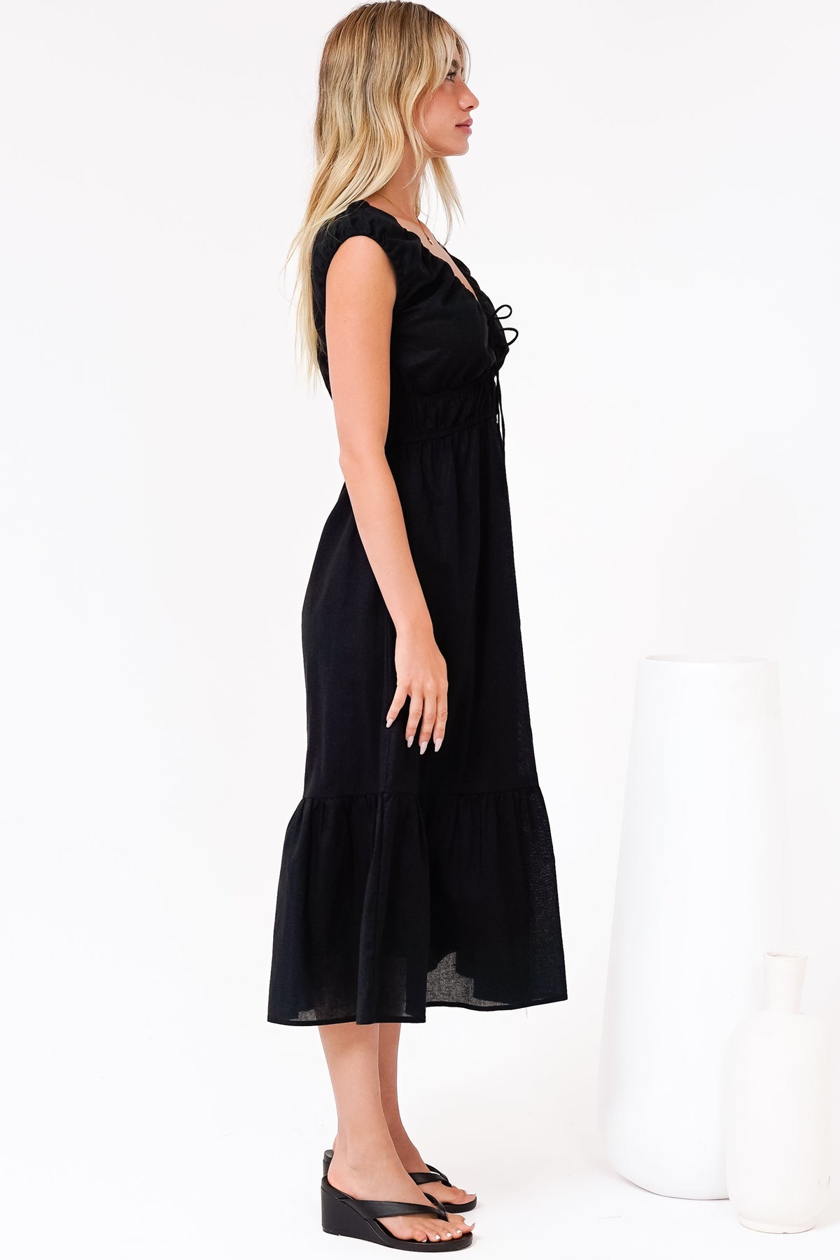 Miramar Midi Dress - V-Neck Gathered Bust Cap Sleeve Dress with Pockets in Black