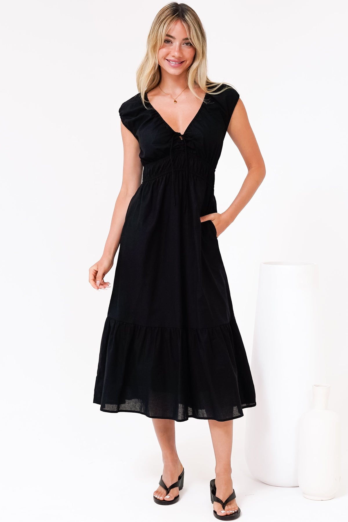 Miramar Midi Dress - V-Neck Gathered Bust Cap Sleeve Dress with Pockets in Black