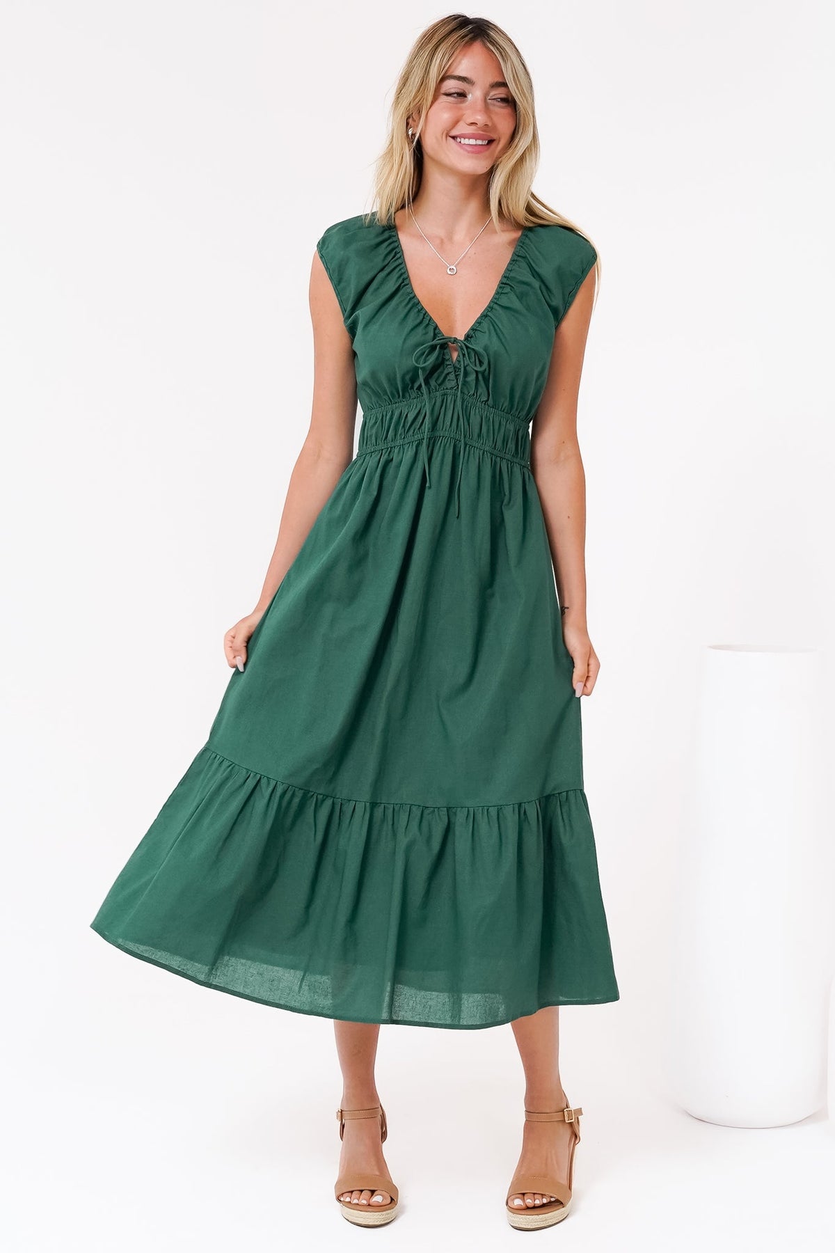 Miramar Midi Dress - V-Neck Gathered Bust Cap Sleeve Dress with Pockets in Emerald