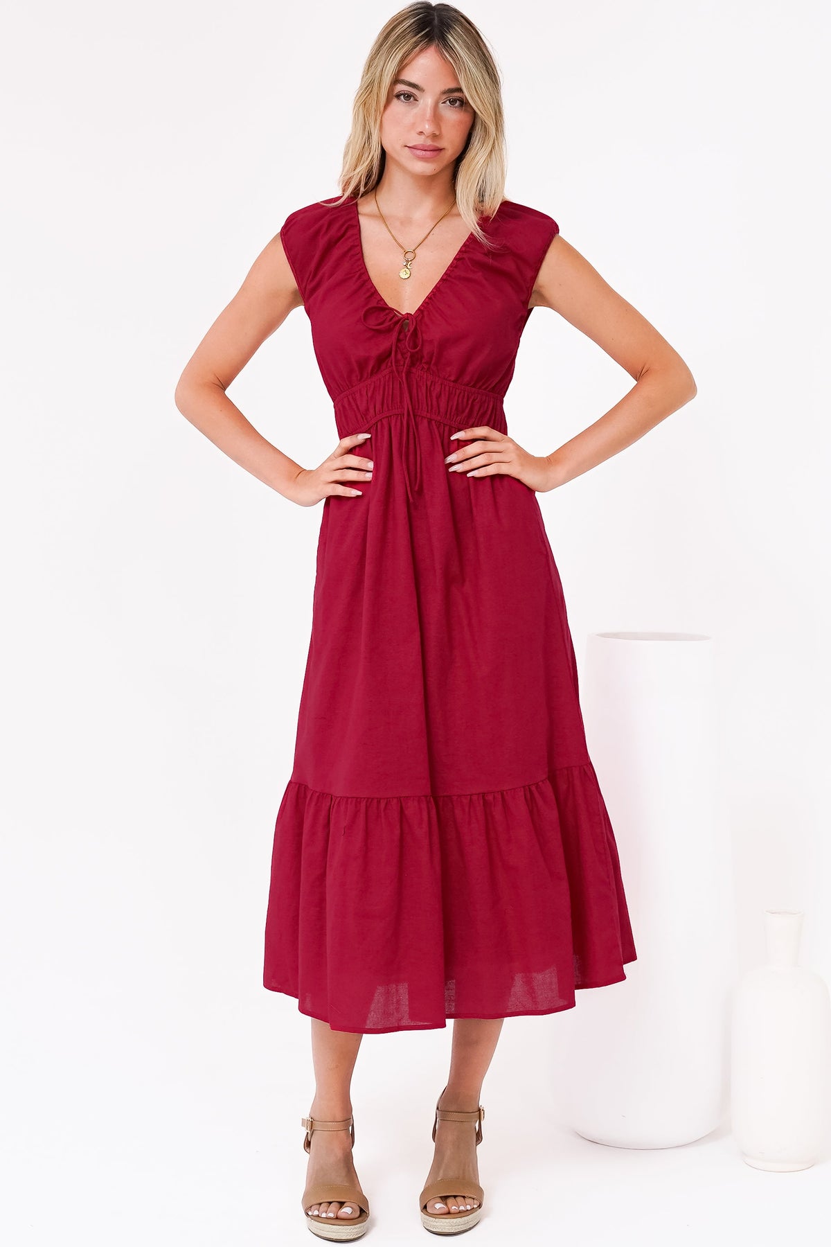 Miramar Midi Dress - V-Neck Gathered Bust Cap Sleeve Dress with Pockets in Red