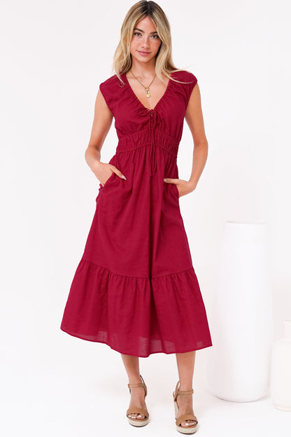 Miramar Midi Dress - V-Neck Gathered Bust Cap Sleeve Dress with Pockets in Red