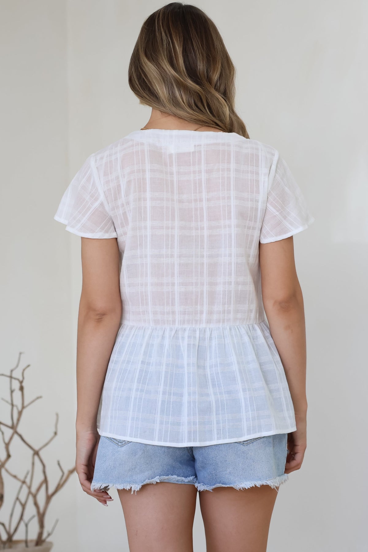 Mitzy Top - Textured Button Down Top with Cap Sleeves in White