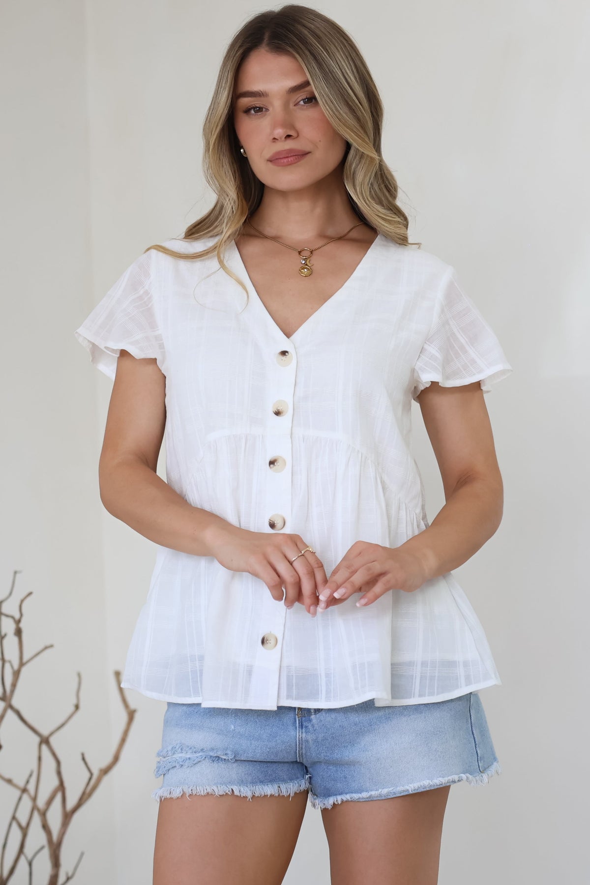 Mitzy Top - Textured Button Down Top with Cap Sleeves in White