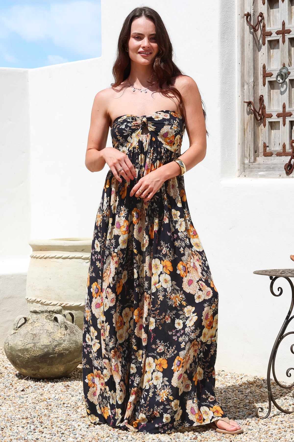 Moira Maxi Dress - Twist Front Keyhole Detail Sun Dress with Optional Straps in Autumn Print