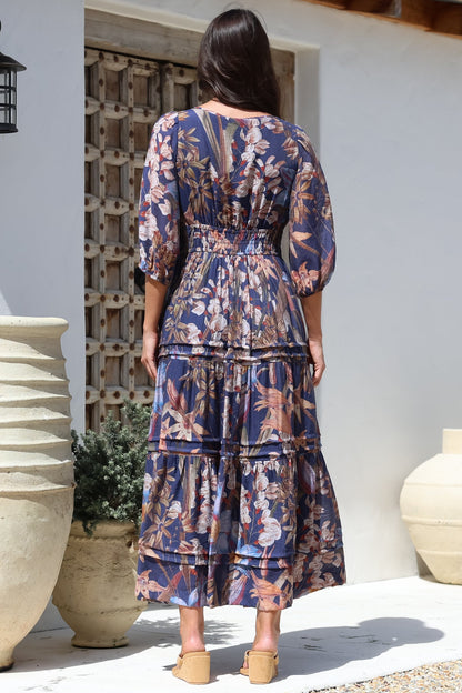 Mondelo Maxi Dress - Pleated Detailed A-Line Dress with 3/4 Balloon Sleeves in Belle Print Navy