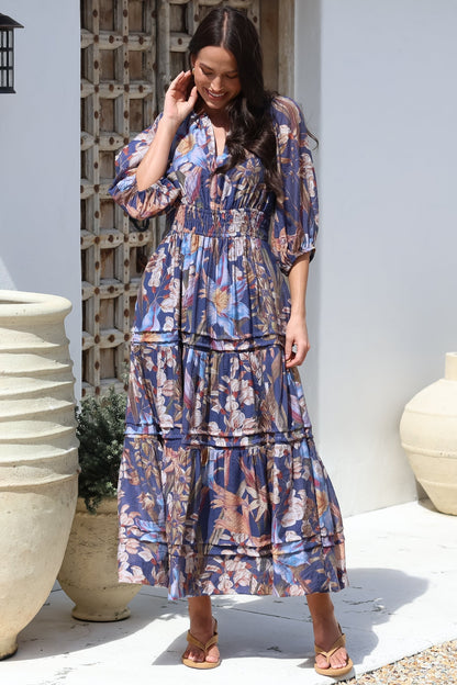 Mondelo Maxi Dress - Pleated Detailed A-Line Dress with 3/4 Balloon Sleeves in Belle Print Navy