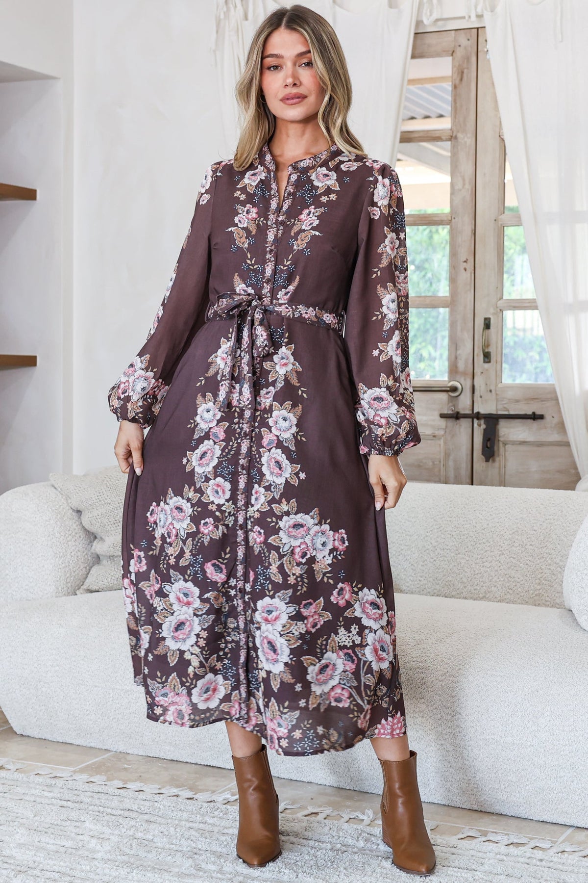 Moreana Midi Dress - Mandarin Collar Button Down Long Sleeve Dress with Belt in Fontana Print Brown