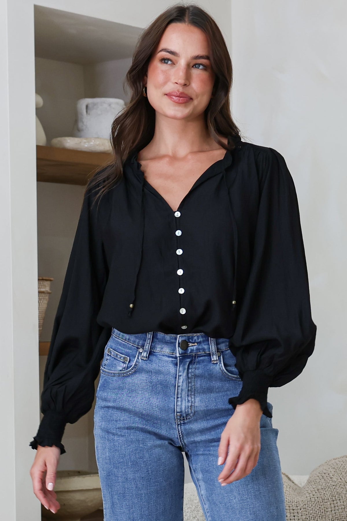 Moree Blouse - Frill Collar Neck Tie Button Down Shirt in Black