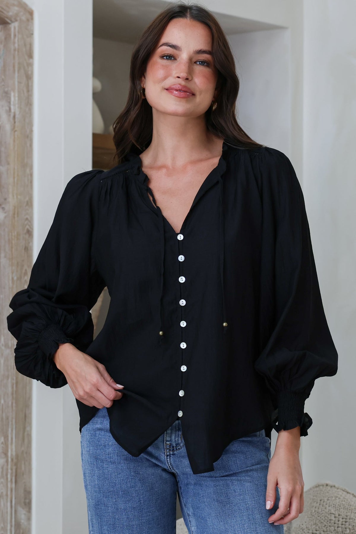 Moree Blouse - Frill Collar Neck Tie Button Down Shirt in Black