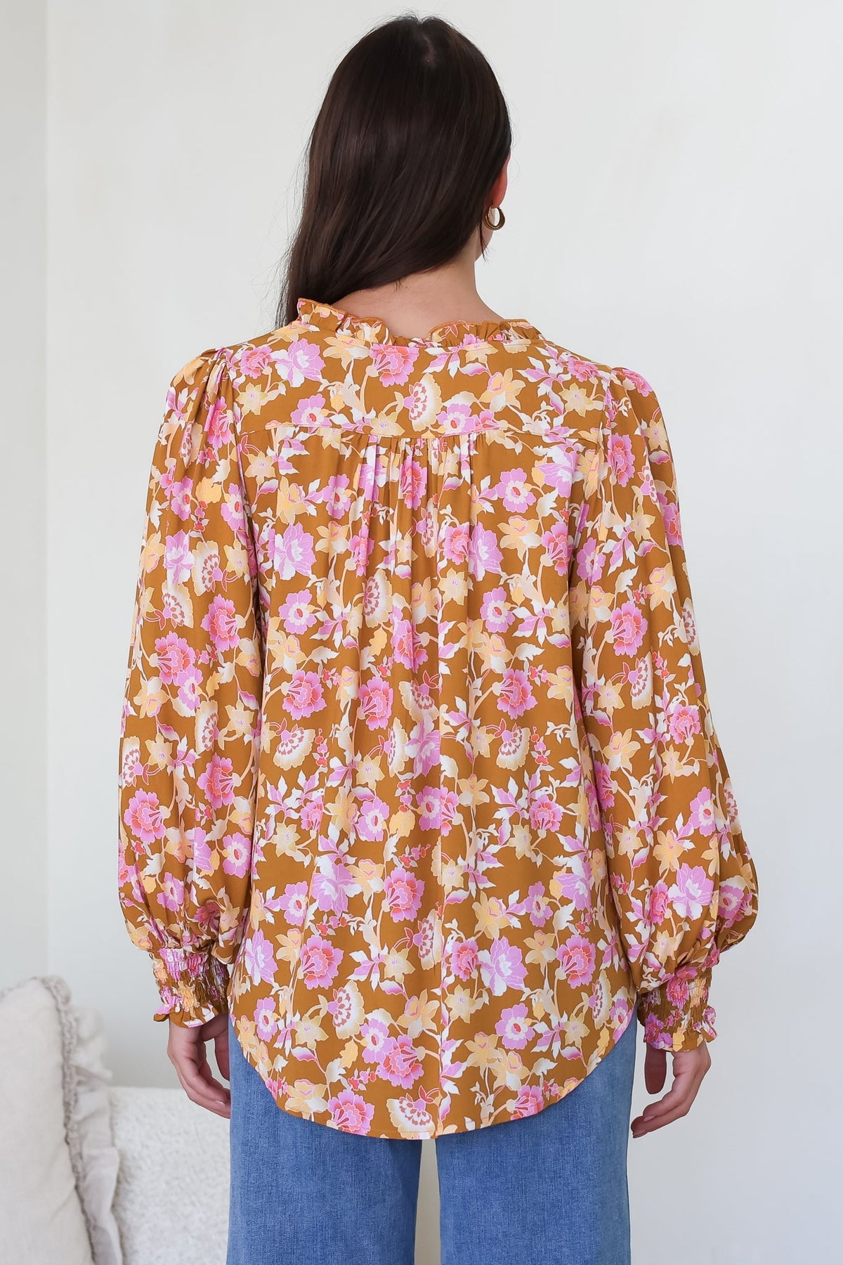 Moree Blouse - Frill Collar Neck Tie Button Down Shirt in Elixir Print
