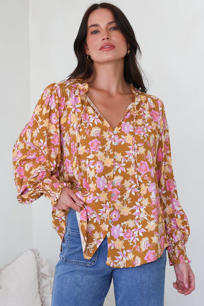 Moree Blouse - Frill Collar Neck Tie Button Down Shirt in Elixir Print