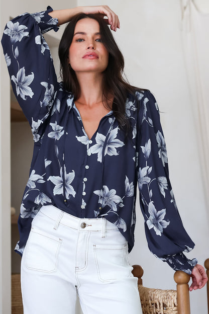 Moree Blouse - Frill Collar Neck Tie Button Down Shirt in Midnight Lily Print