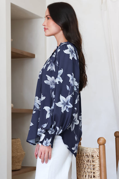 Moree Blouse - Frill Collar Neck Tie Button Down Shirt in Midnight Lily Print