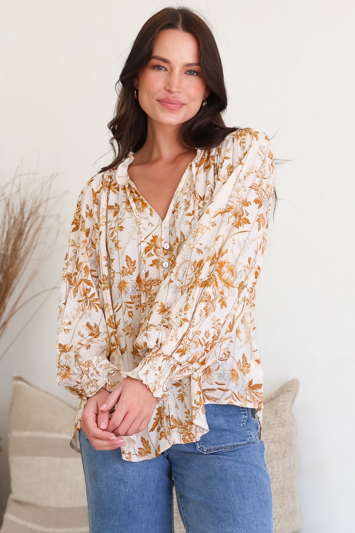 Moree Blouse - Frill Collar Neck Tie Button Down Shirt in Sorrento Print Cream