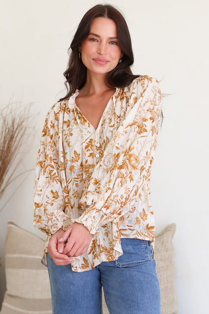 Moree Blouse - Frill Collar Neck Tie Button Down Shirt in Sorrento Print Cream