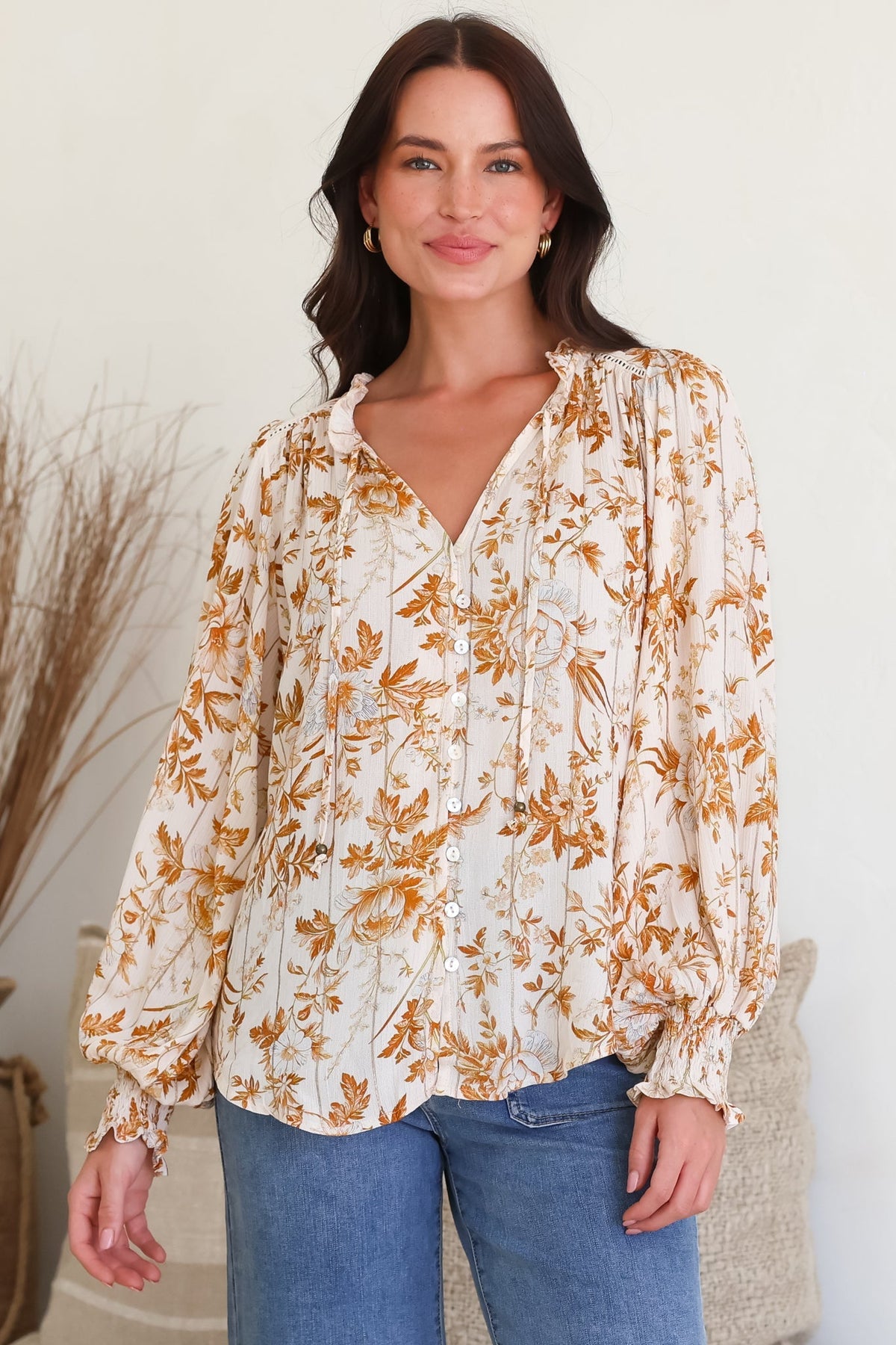 Moree Blouse - Frill Collar Neck Tie Button Down Shirt in Sorrento Print Cream