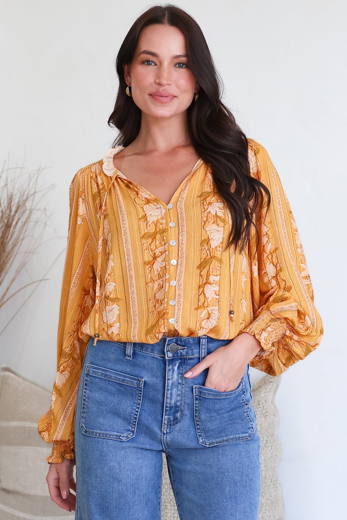 Moree Blouse - Frill Collar Neck Tie Button Down Shirt in Totema Print