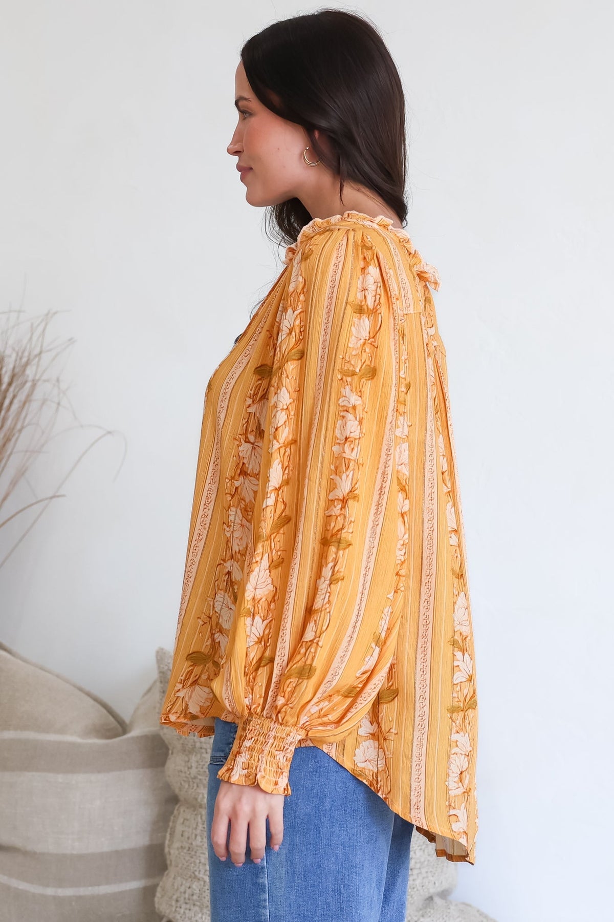 Moree Blouse - Frill Collar Neck Tie Button Down Shirt in Totema Print