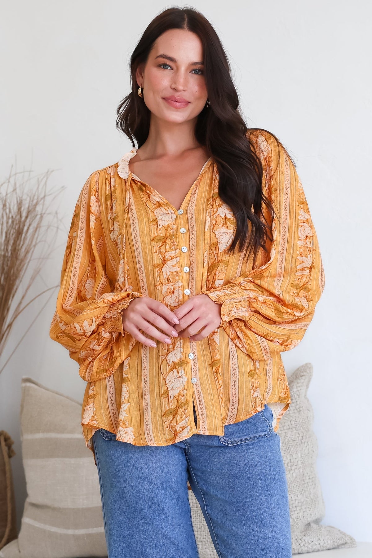 Moree Blouse - Frill Collar Neck Tie Button Down Shirt in Totema Print