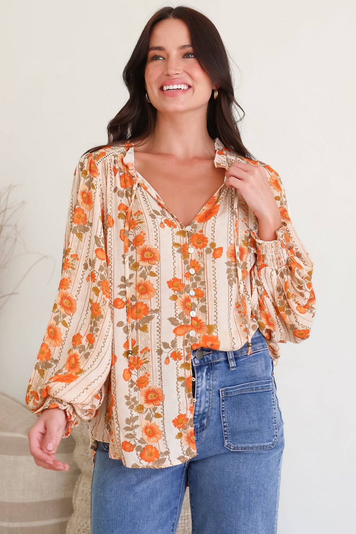 Moree Blouse - Frill Collar Neck Tie Button Down Shirt in Vondrosa Print