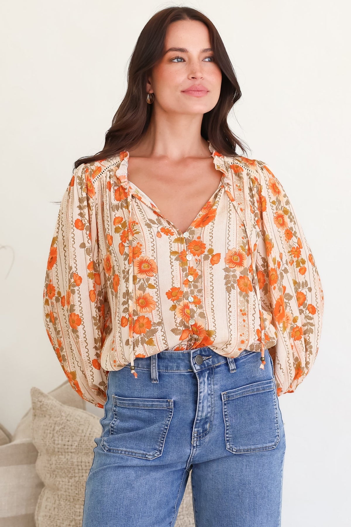 Moree Blouse - Frill Collar Neck Tie Button Down Shirt in Vondrosa Print