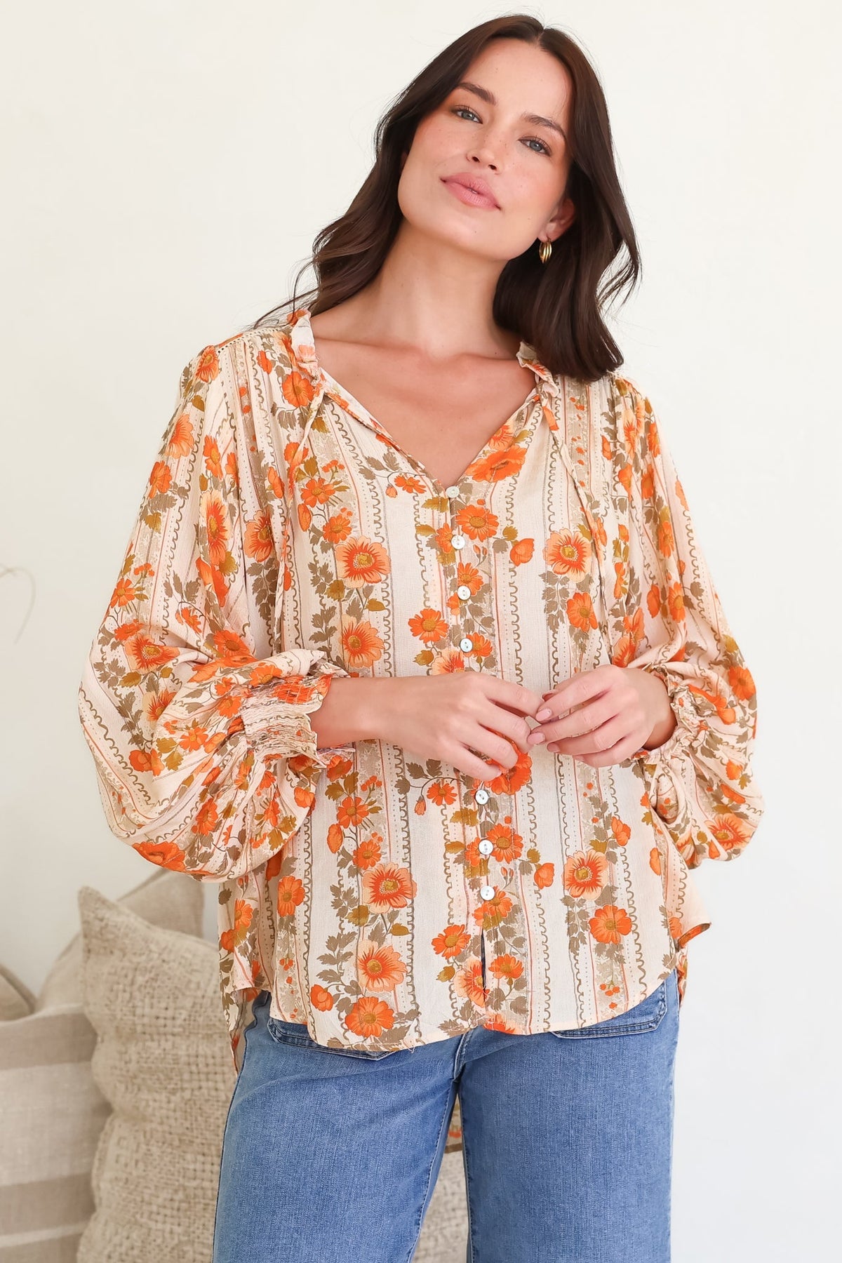 Moree Blouse - Frill Collar Neck Tie Button Down Shirt in Vondrosa Print
