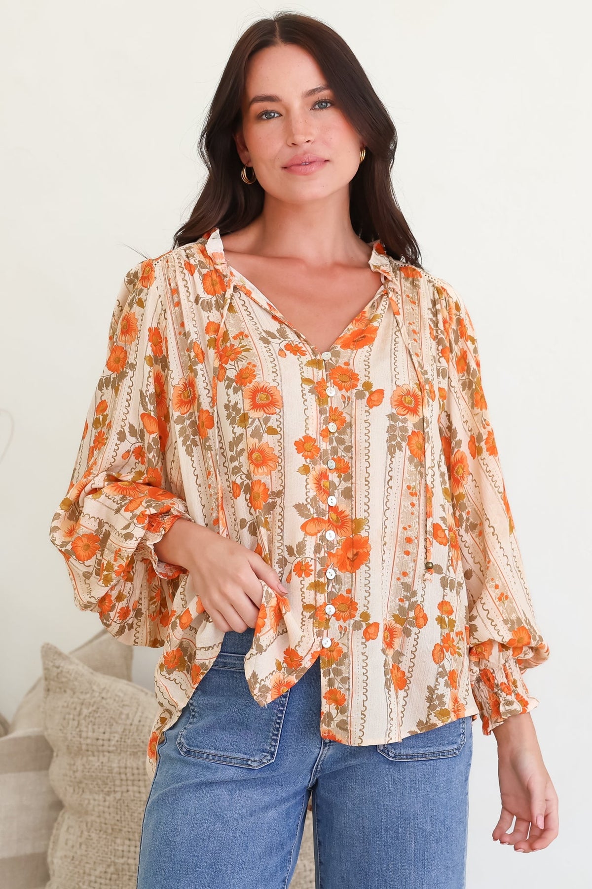 Moree Blouse - Frill Collar Neck Tie Button Down Shirt in Vondrosa Print
