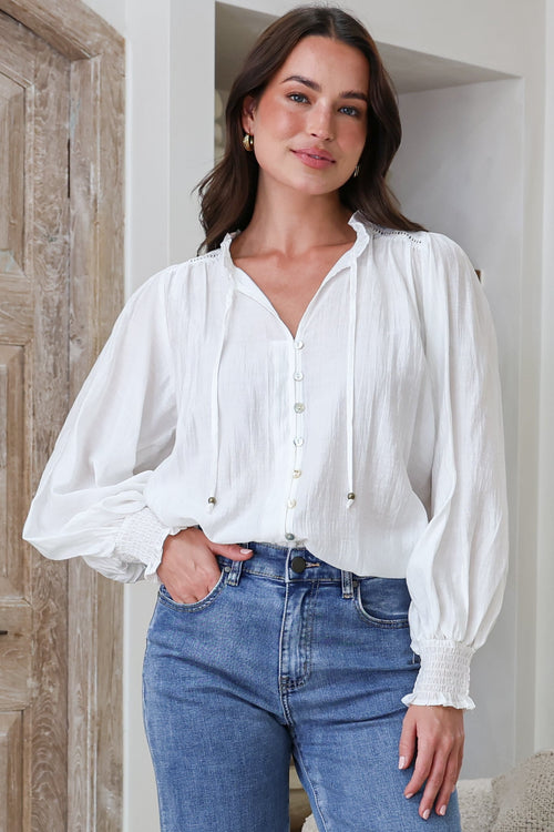 Moree Blouse - Frill Collar Neck Tie Button Down Shirt in White