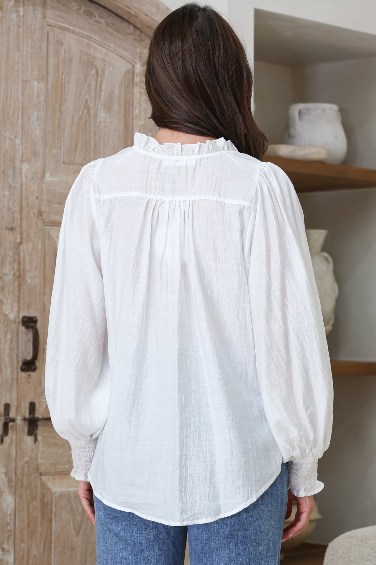 Moree Blouse - Frill Collar Neck Tie Button Down Shirt in White