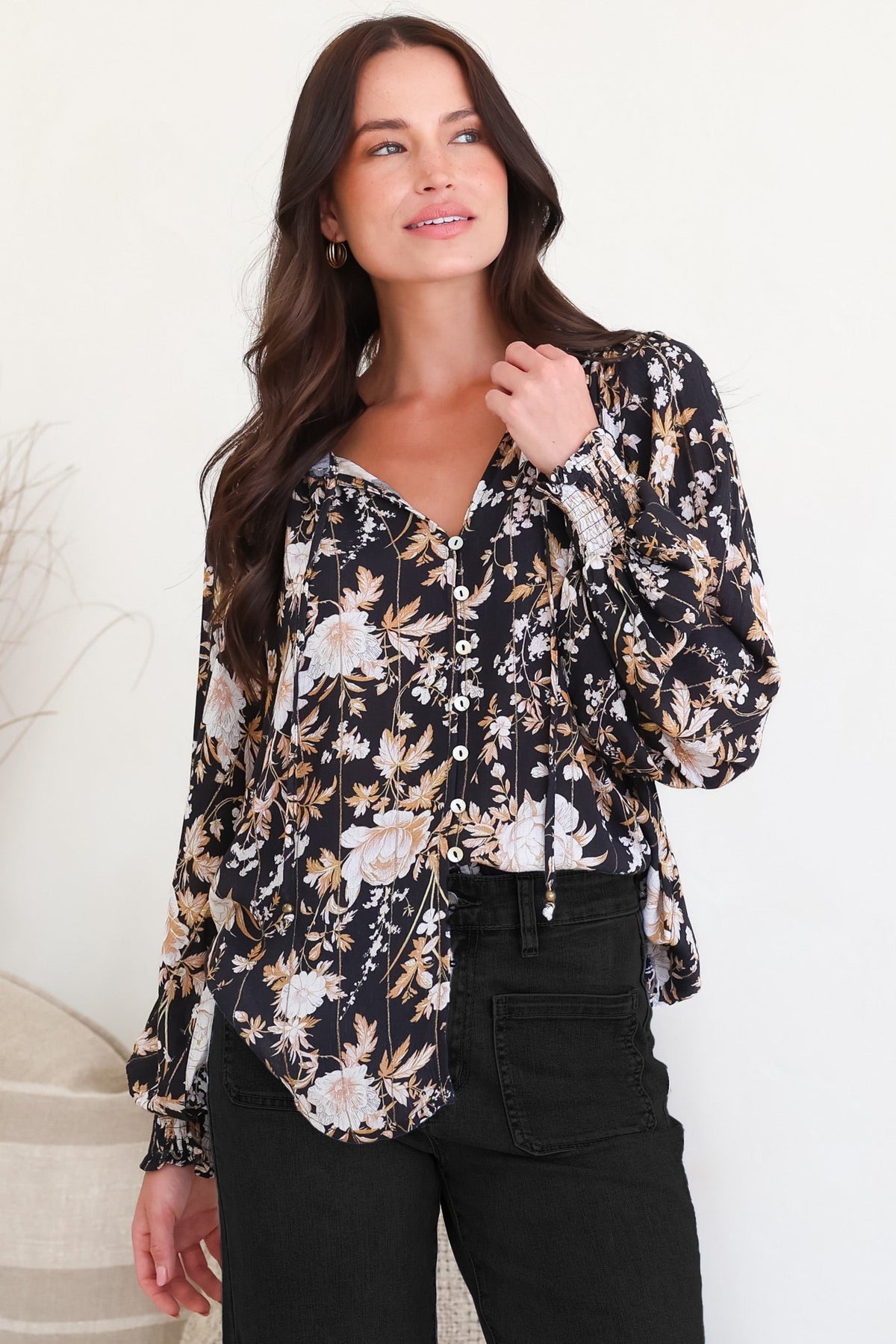 Moree Blouse - Frill Collar Neck Tie Button Down Shirt in Sorrento Print Black
