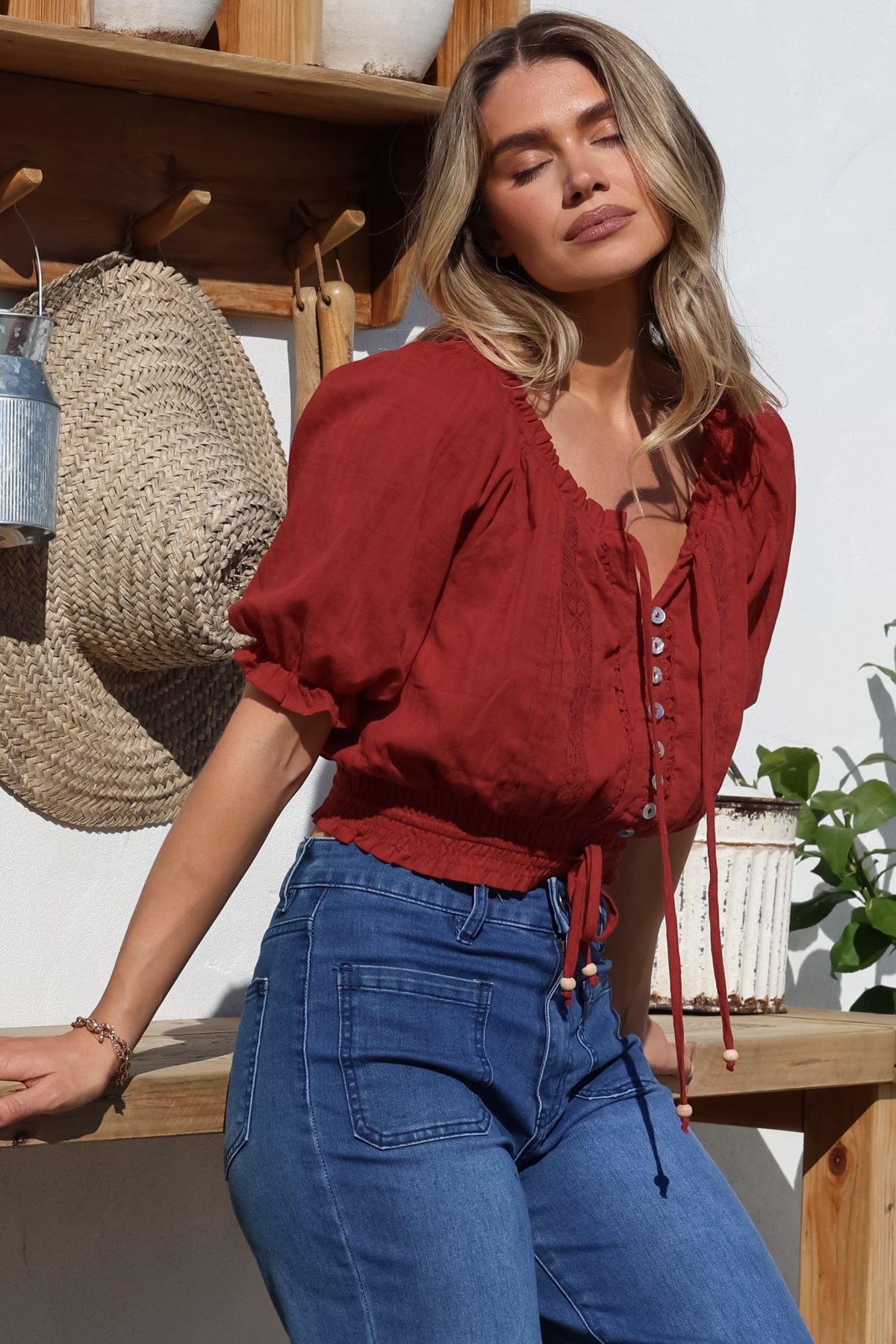 Nadiya Crop - Adjustable Neck and Hemline Crop with Pleating Details in Rust