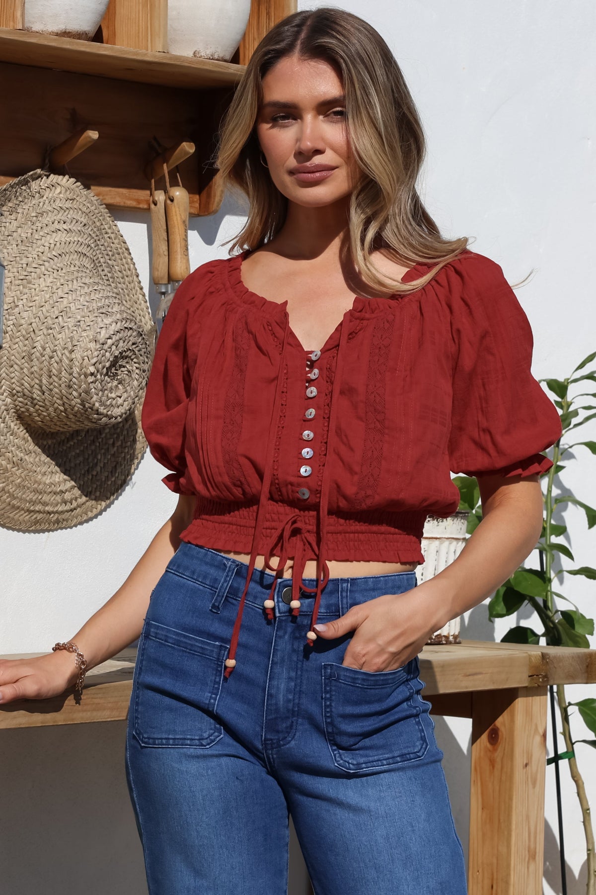 Nadiya Crop - Adjustable Neck and Hemline Crop with Pleating Details in Rust