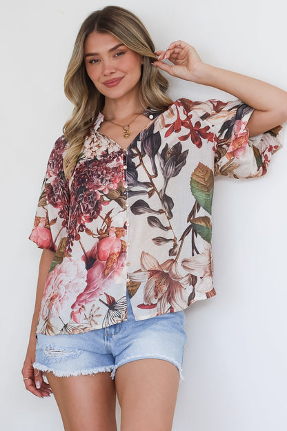 Nayra Blouse - Mandarin Collar Buttoned Down with Puff Sleeves in Leonor Print