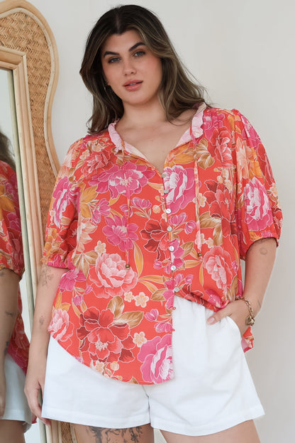 Neo Blouse - High Frill Collar Button Down Shirt in Mirella Print