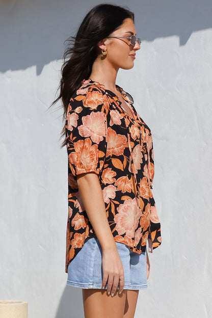 Neo Blouse - High Frill Collar Button Down Shirt in Yasmin Print Black