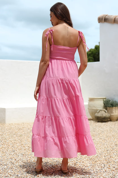 Nessa Maxi Dress - Tie Up Strap Tiered Sun Dress in Pink