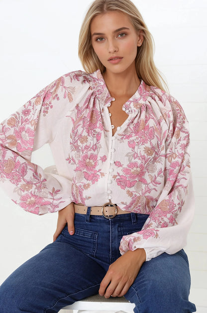 Nicola Blouse - Mandarin Collar Button Down Linen Blouse in Sorrel Print