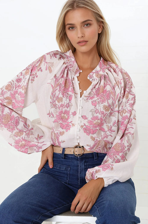 Nicola Blouse - Mandarin Collar Button Down Linen Blouse in Sorrel Print