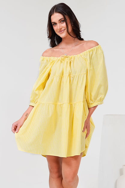Oliander Mini Dress - On or Off Shoulder Tiered Dress with Pockets in Figaro Stripe Lemon