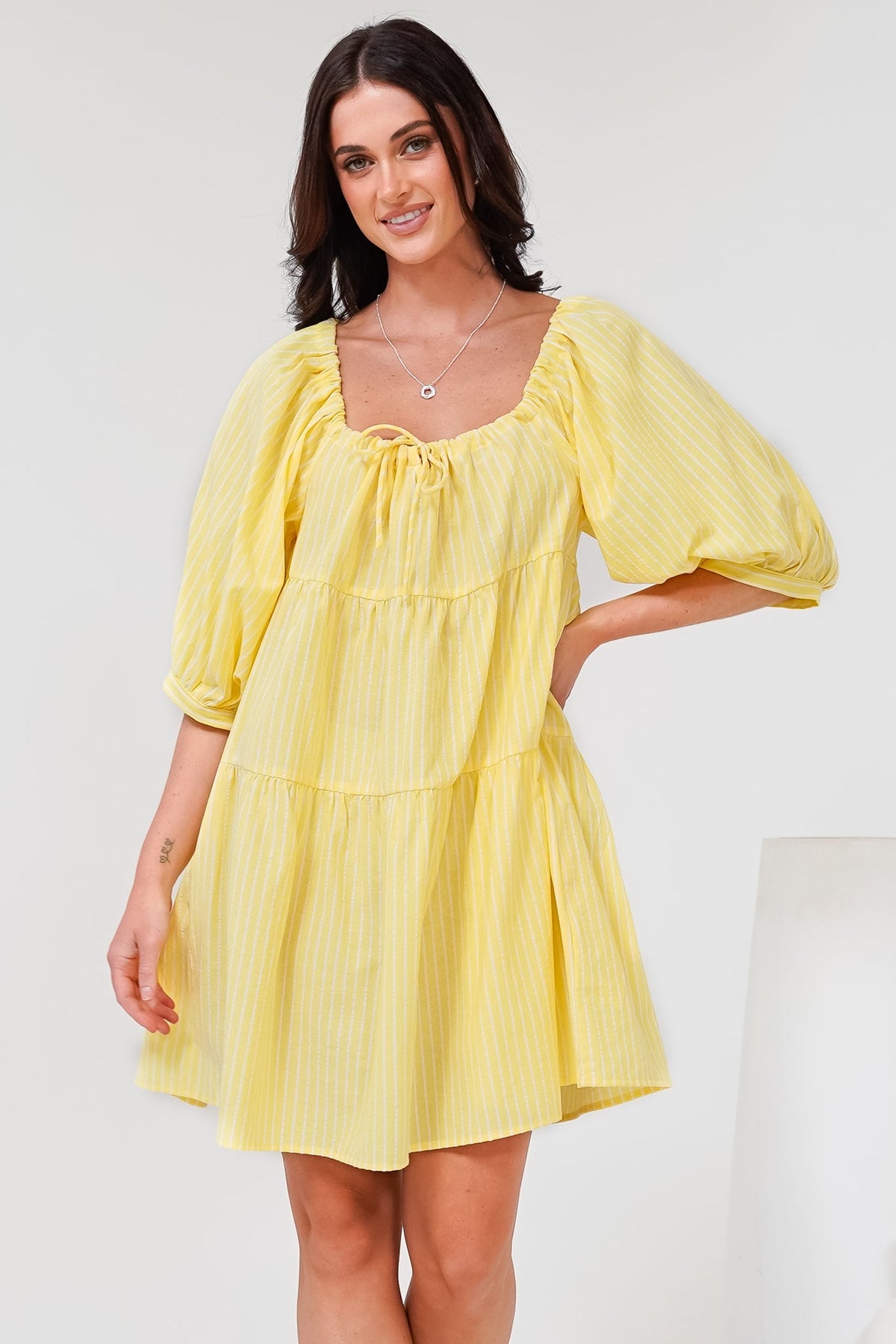 Oliander Mini Dress - On or Off Shoulder Tiered Dress with Pockets in Figaro Stripe Lemon