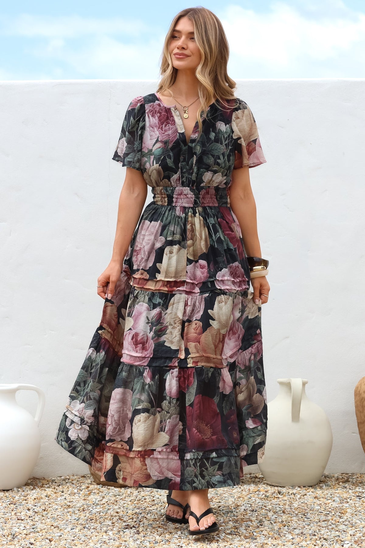 Payton Maxi Dress - Pleat Detailed A-Line Dress with Cap Flutter Sleeves in Annalisa Print
