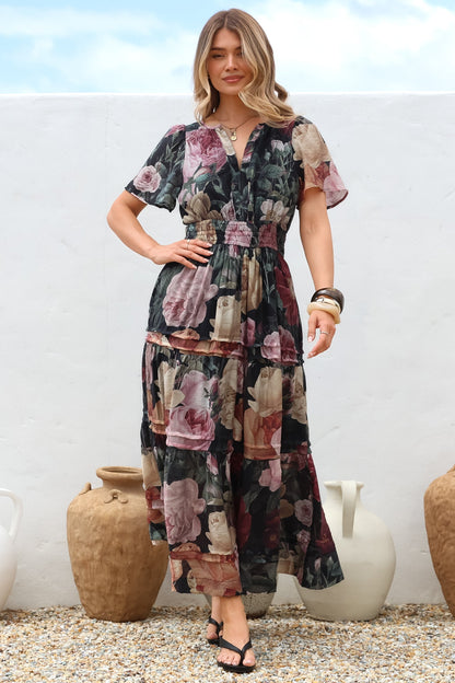 Payton Maxi Dress - Pleat Detailed A-Line Dress with Cap Flutter Sleeves in Annalisa Print