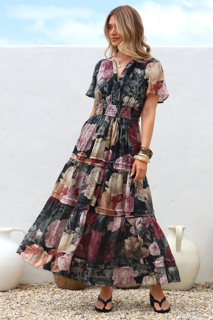 Payton Maxi Dress - Pleat Detailed A-Line Dress with Cap Flutter Sleeves in Annalisa Print